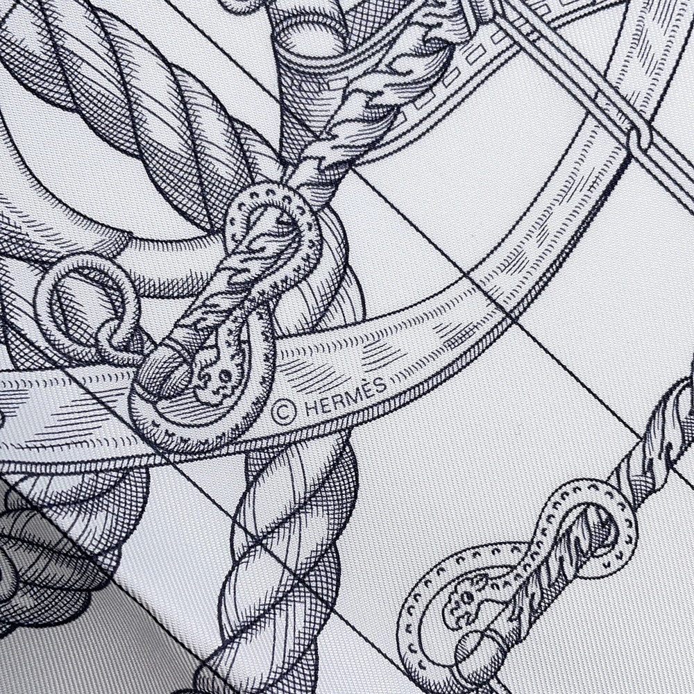 HERMES Carre GAVROCHE DELLA CAVALLERIA SCARF Size 45 Black/Blanc/Anthracite Silk100%