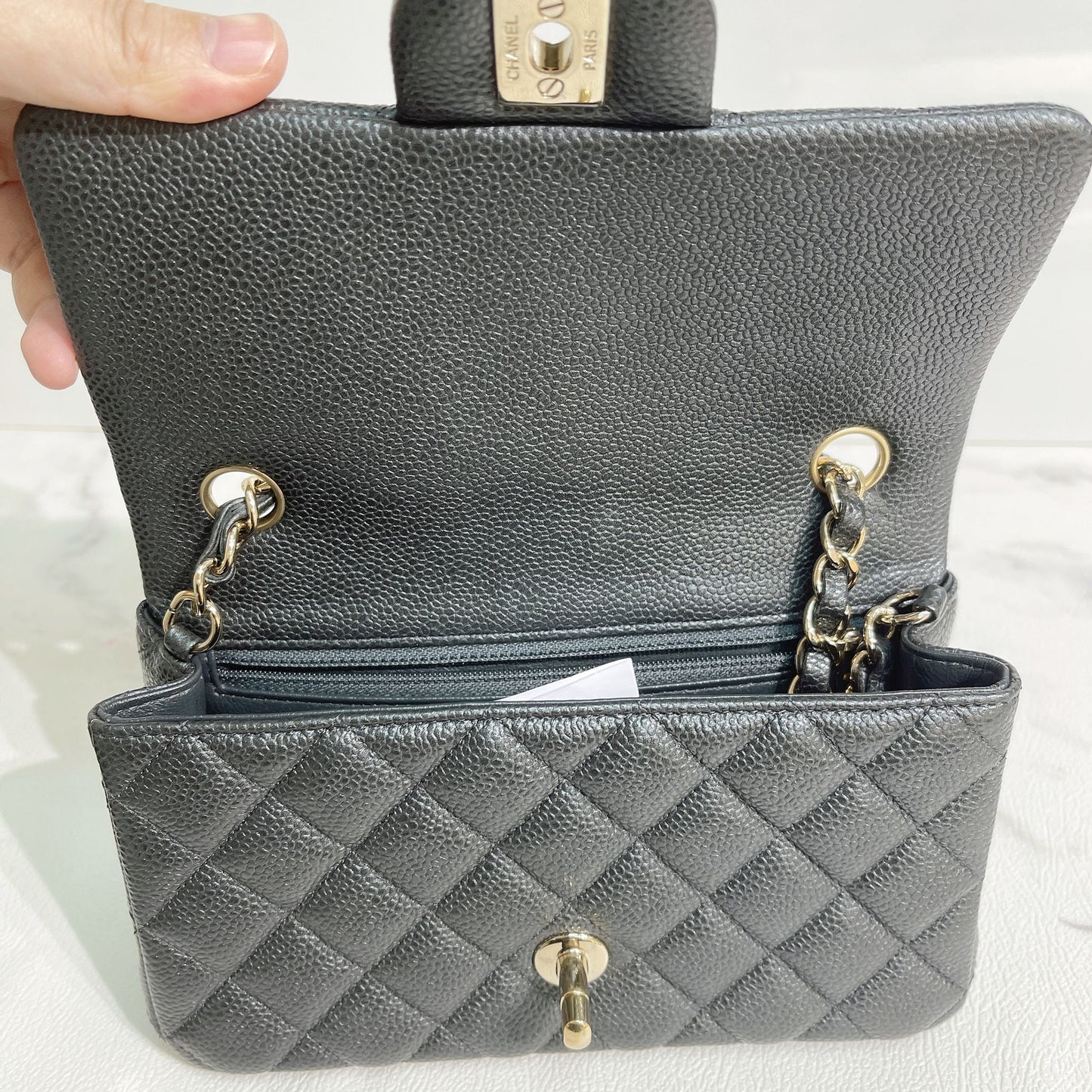 Chanel Quilted Mini Rectangular Flap Dark Grey Caviar Gold Hardware 18S