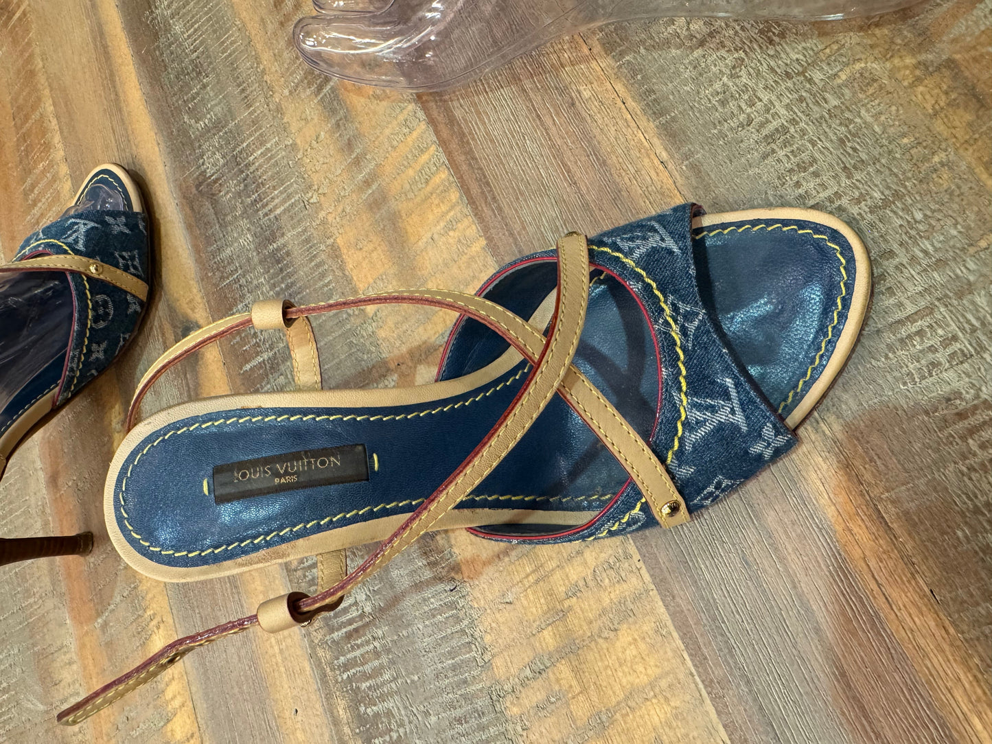 Louis Vuitton Blue Denim Monogram Denim Ankle Wrap Heels Size 36