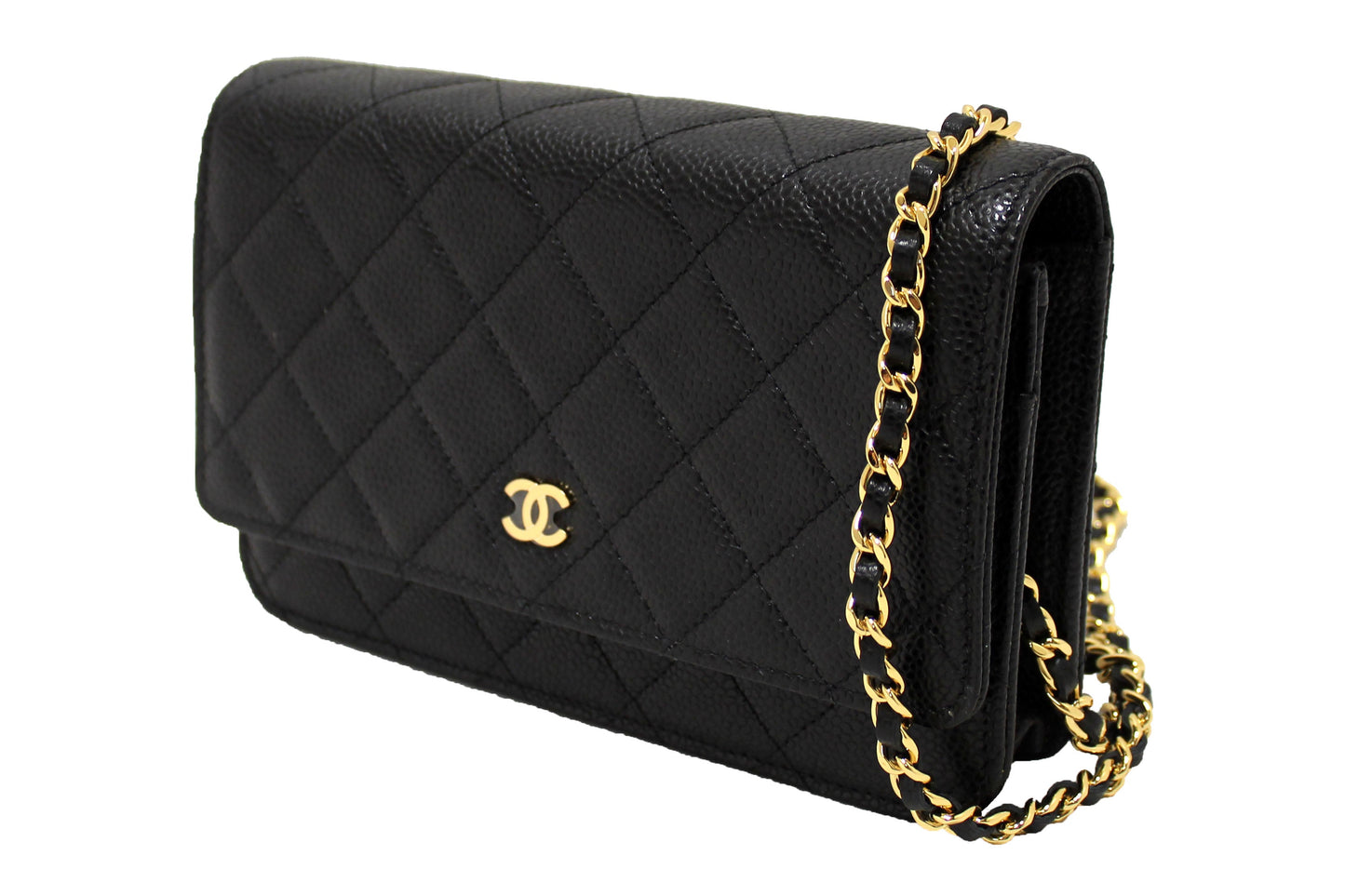 NEW Chanel Black Quilted Caviar Leather Wallet On Chain WOC Messenger Bag