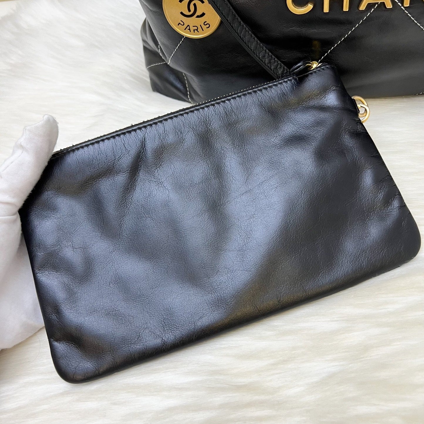 Chanel 22 Medium Hobo Handbag in Black Calfskin with White Stitch Quilting and AGHW (Model: AS3261)