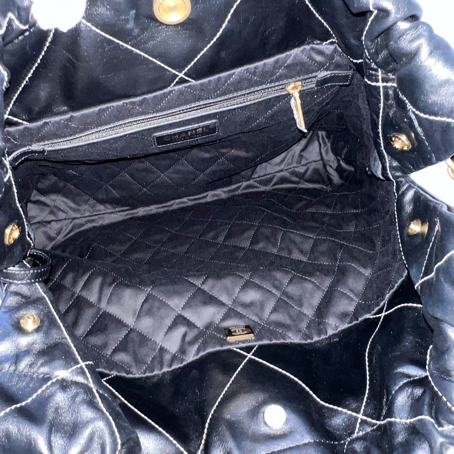 Chanel 22 Medium Hobo Handbag in Black Calfskin with White Stitch Quilting and AGHW (Model: AS3261)