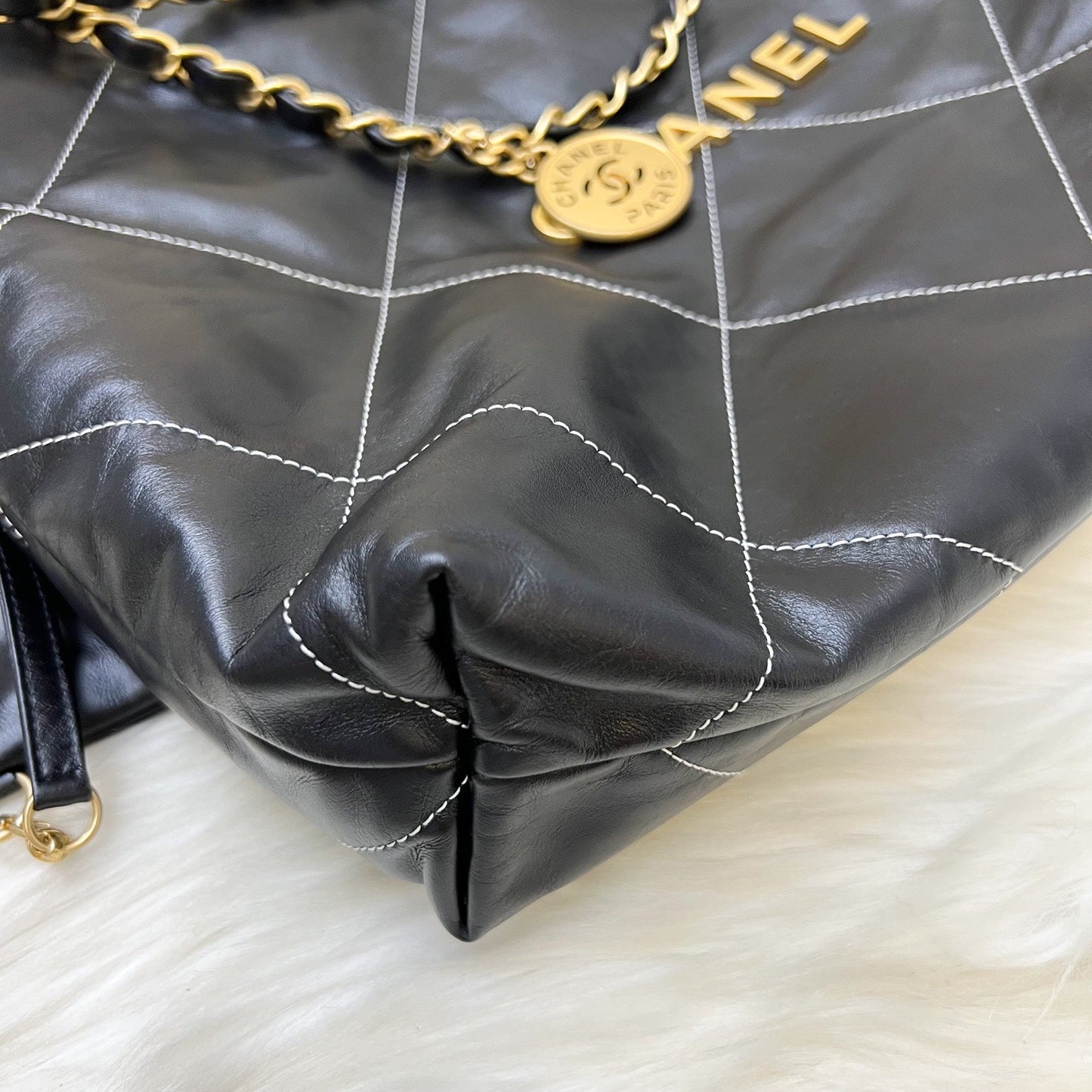 Chanel 22 Medium Hobo Handbag in Black Calfskin with White Stitch Quilting and AGHW (Model: AS3261)