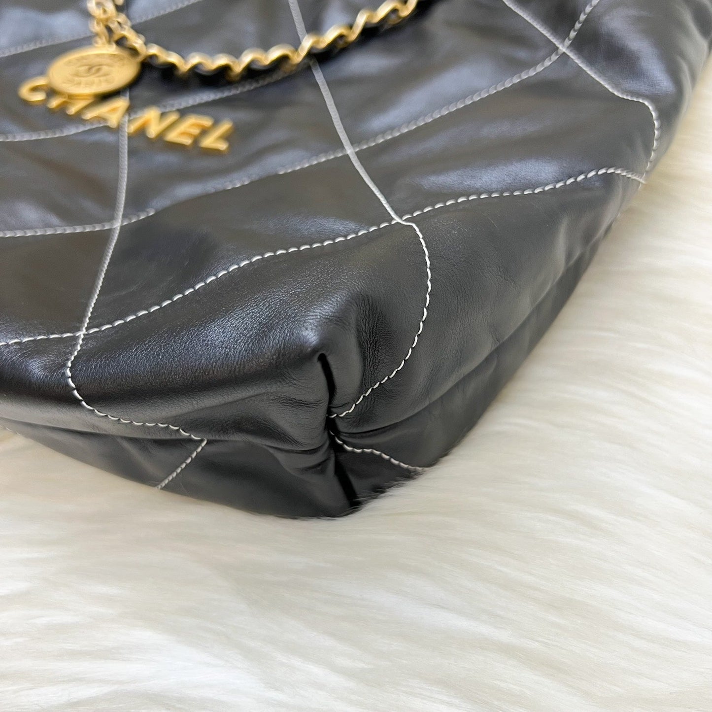 Chanel 22 Medium Hobo Handbag in Black Calfskin with White Stitch Quilting and AGHW (Model: AS3261)