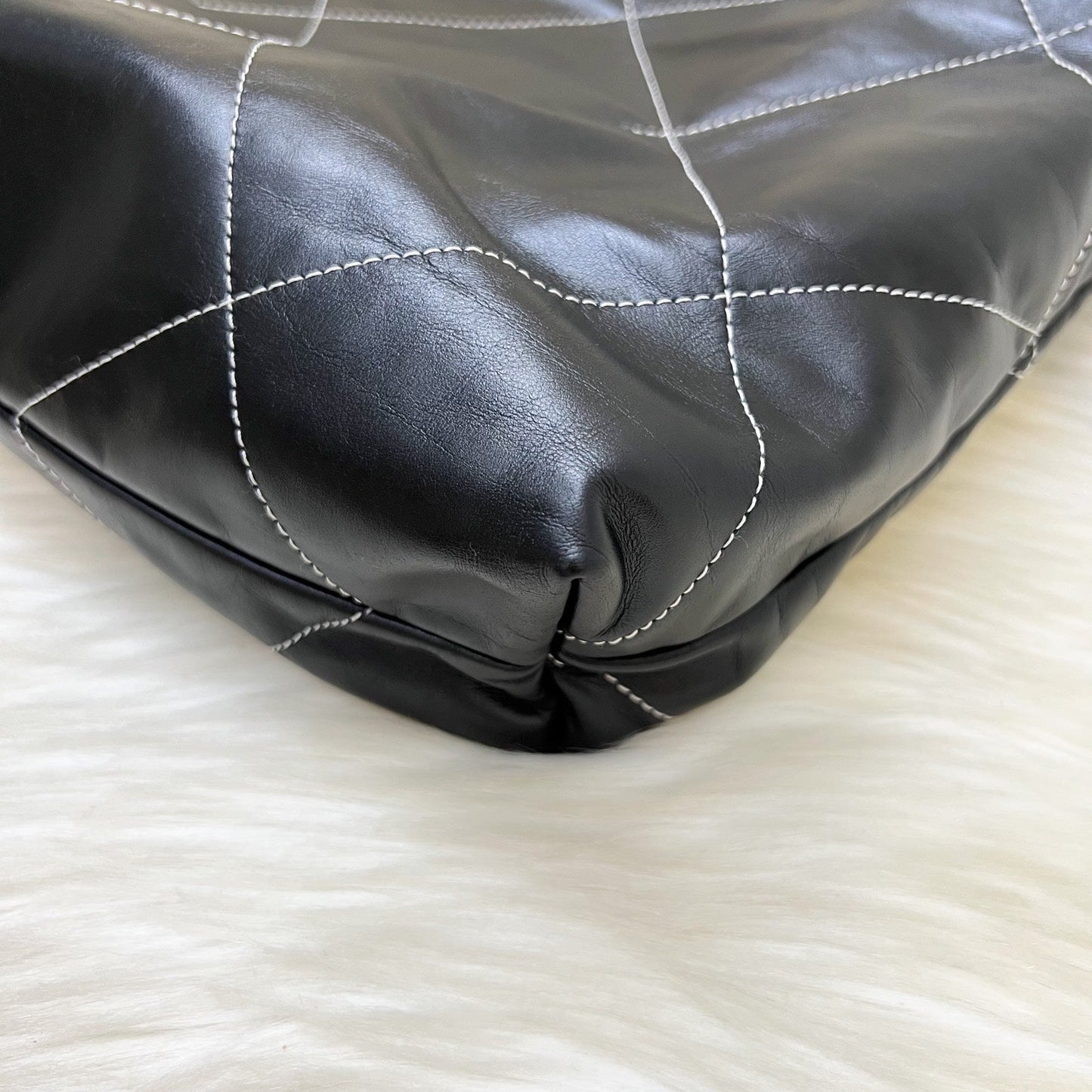 Chanel 22 Medium Hobo Handbag in Black Calfskin with White Stitch Quilting and AGHW (Model: AS3261)