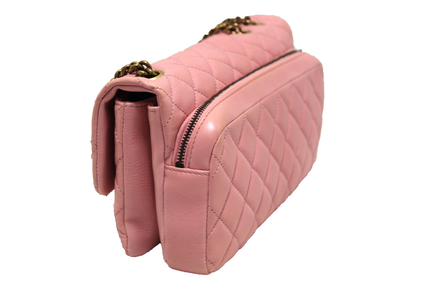 Chanel Pink Calfskin Leather Zipped Back Pocket Calfskin Flap Bag