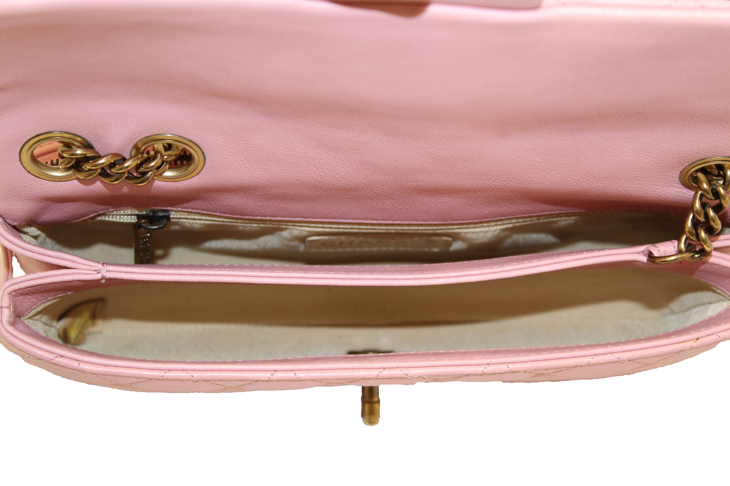 Chanel Pink Calfskin Leather Zipped Back Pocket Calfskin Flap Bag