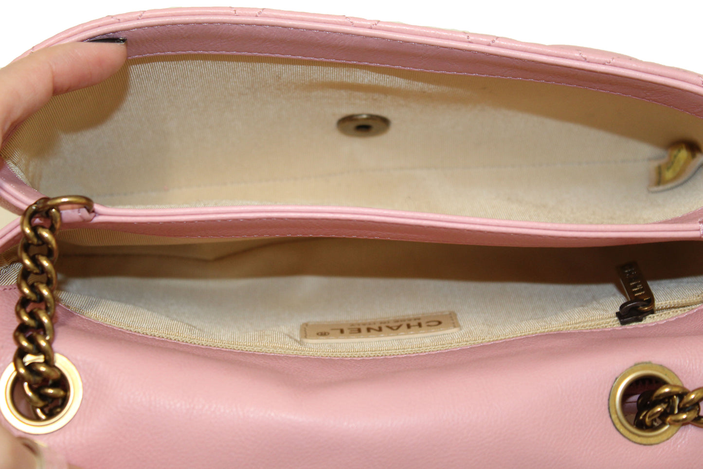 Chanel Pink Calfskin Leather Zipped Back Pocket Calfskin Flap Bag