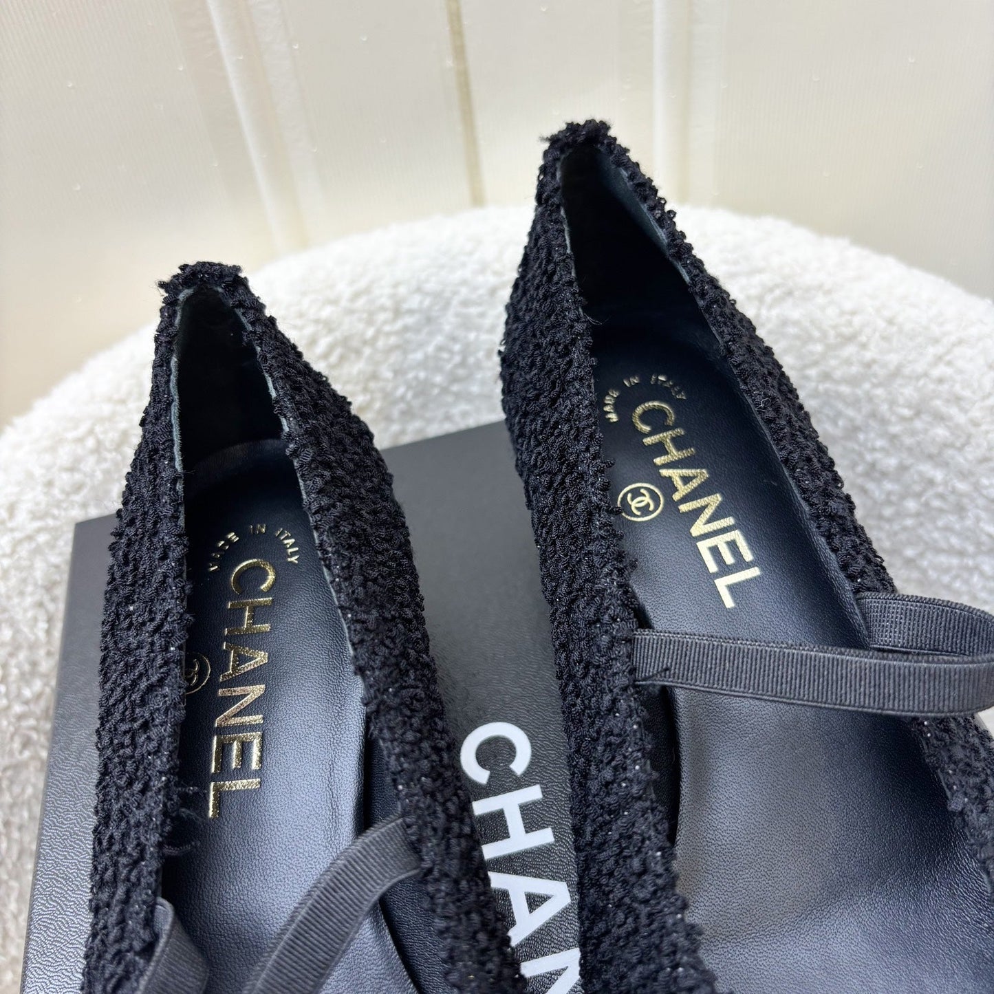Chanel 24A Mary Janes in Black Tweed and Gosgrain Sz 37.5