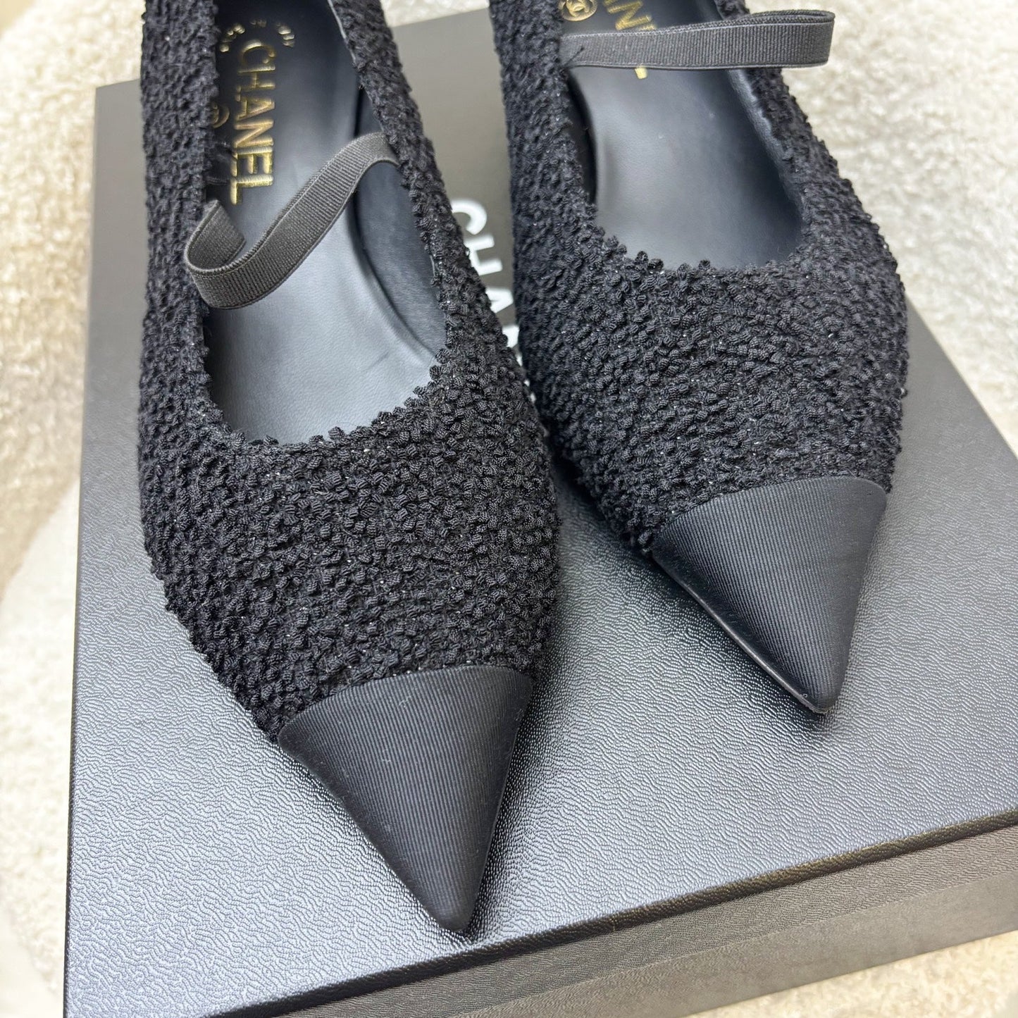 Chanel 24A Mary Janes in Black Tweed and Gosgrain Sz 37.5