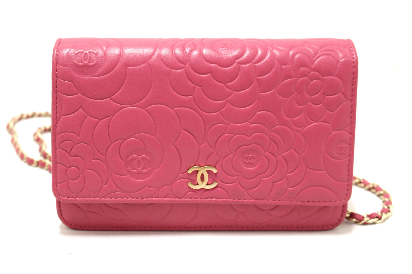 Chanel Pink Camellia Lambskin Leather Wallet On Chain/Clutch Bag