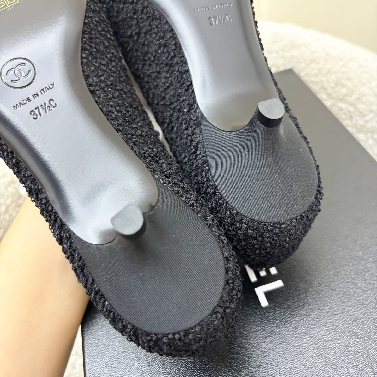 Chanel 24A Mary Janes in Black Tweed and Gosgrain Sz 37.5