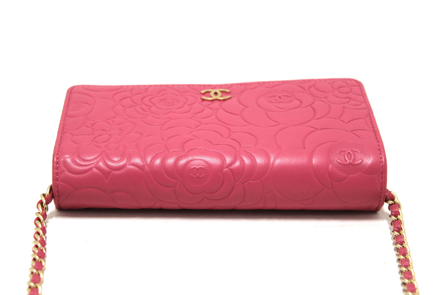 Chanel Pink Camellia Lambskin Leather Wallet On Chain/Clutch Bag