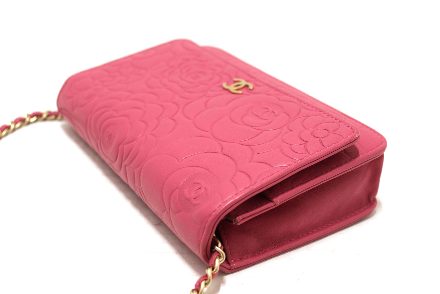 Chanel Pink Camellia Lambskin Leather Wallet On Chain/Clutch Bag