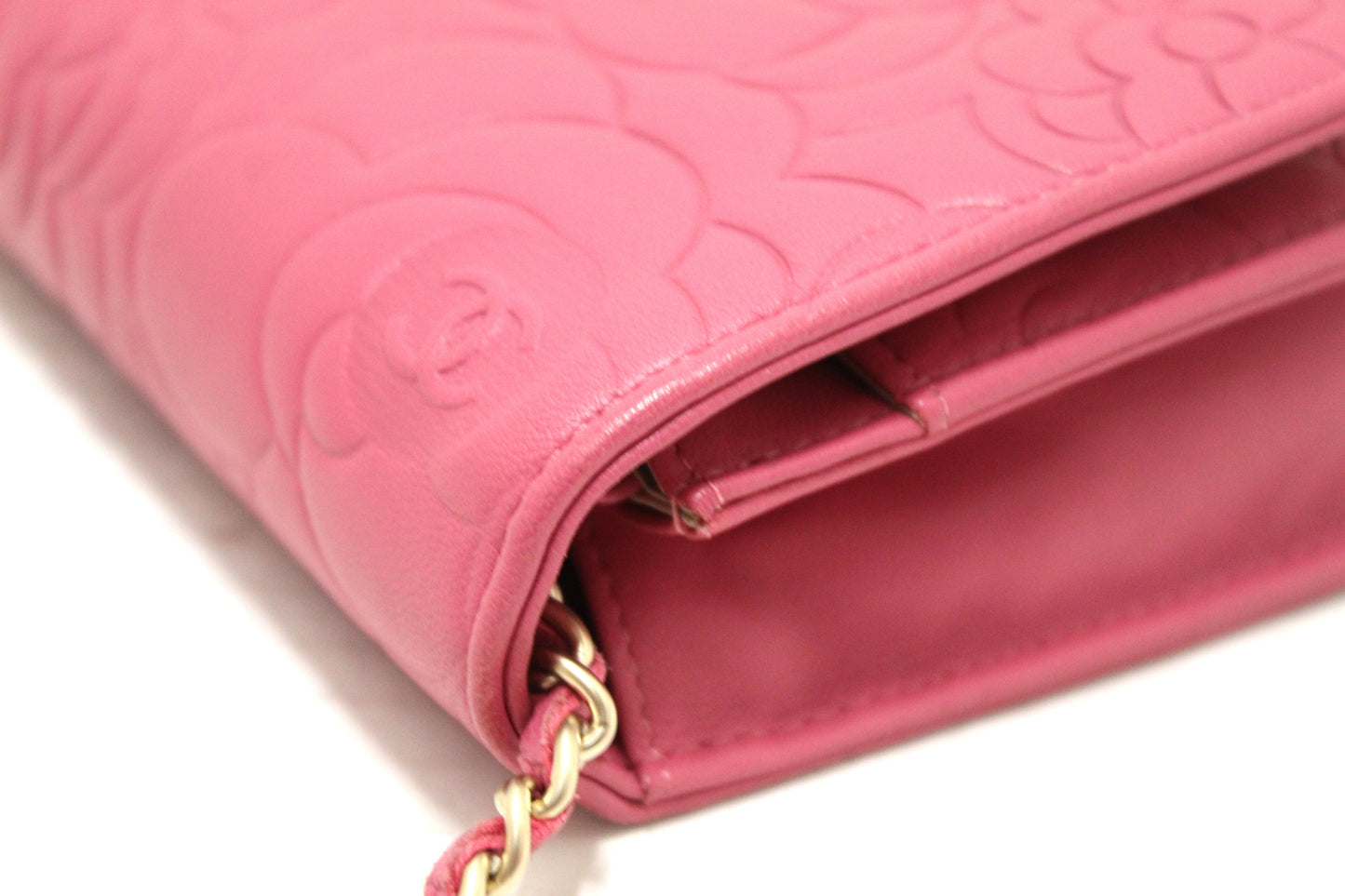 Chanel Pink Camellia Lambskin Leather Wallet On Chain/Clutch Bag