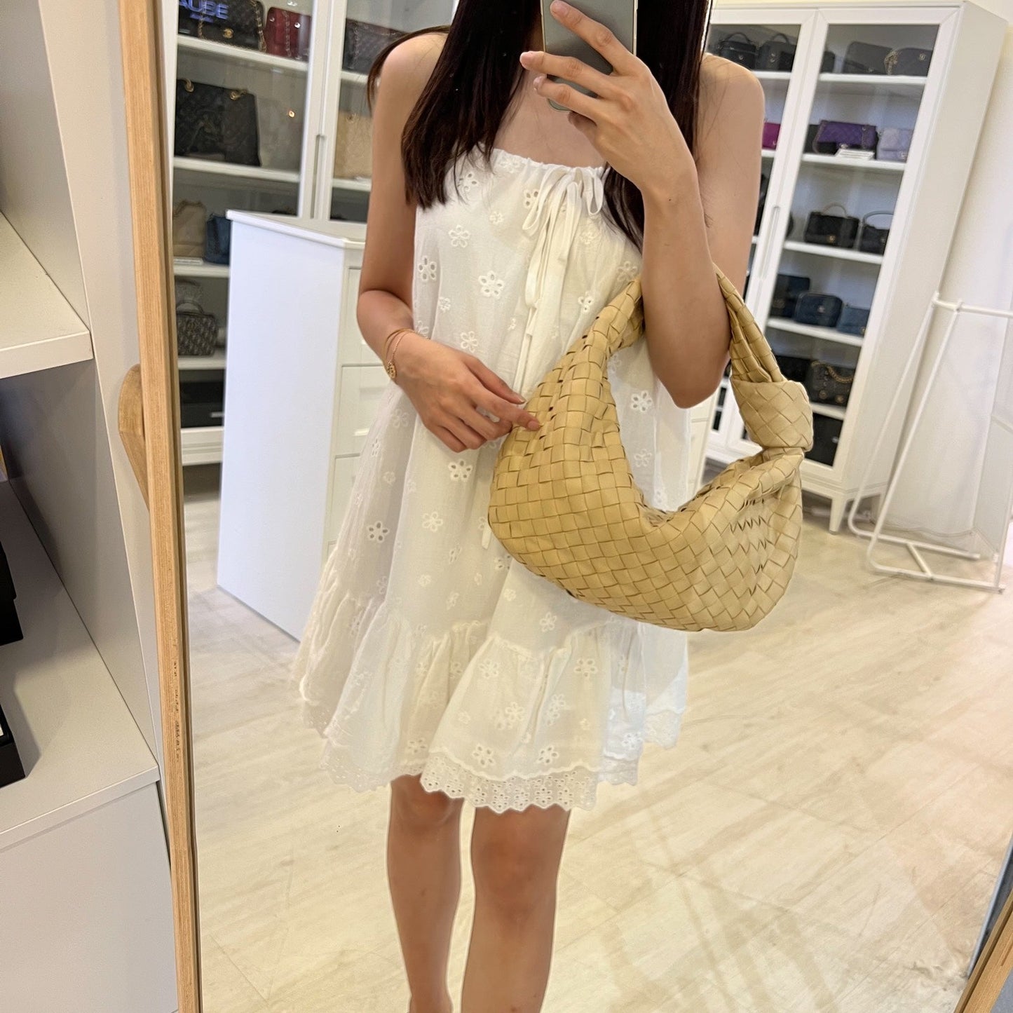 Bottega Veneta Teen (Current Small) Jodie Hobo Bag in Porridge (Light Beige) Intrecciato Lambskin and GHW
