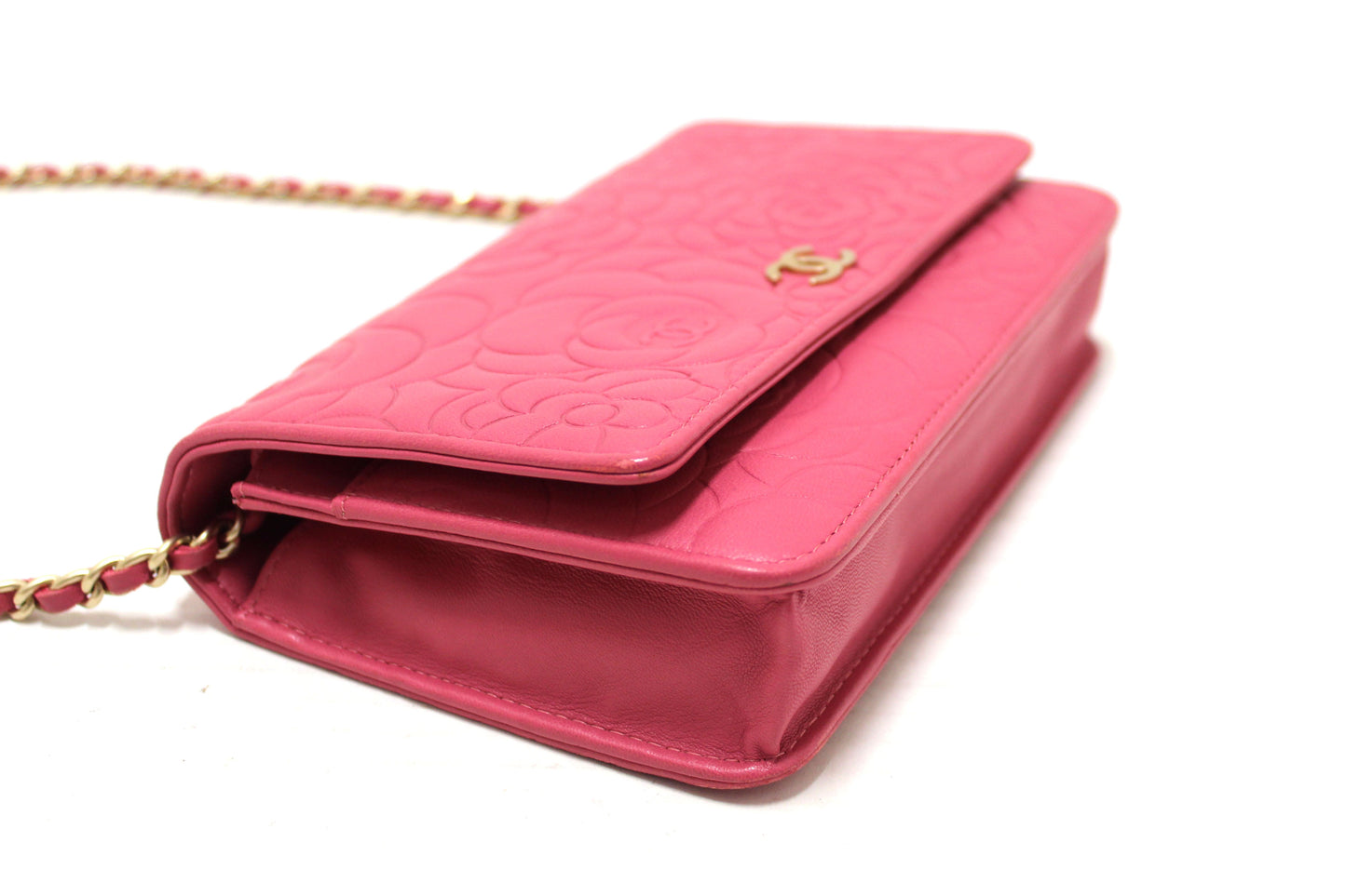 Chanel Pink Camellia Lambskin Leather Wallet On Chain/Clutch Bag