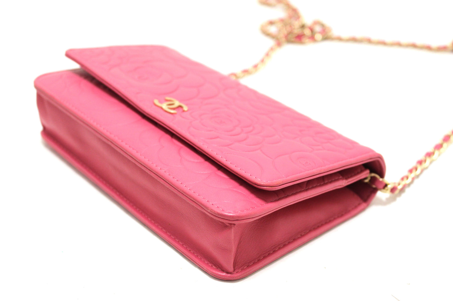 Chanel Pink Camellia Lambskin Leather Wallet On Chain/Clutch Bag