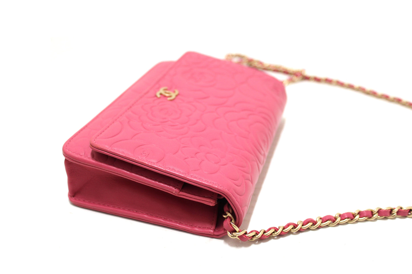 Chanel Pink Camellia Lambskin Leather Wallet On Chain/Clutch Bag