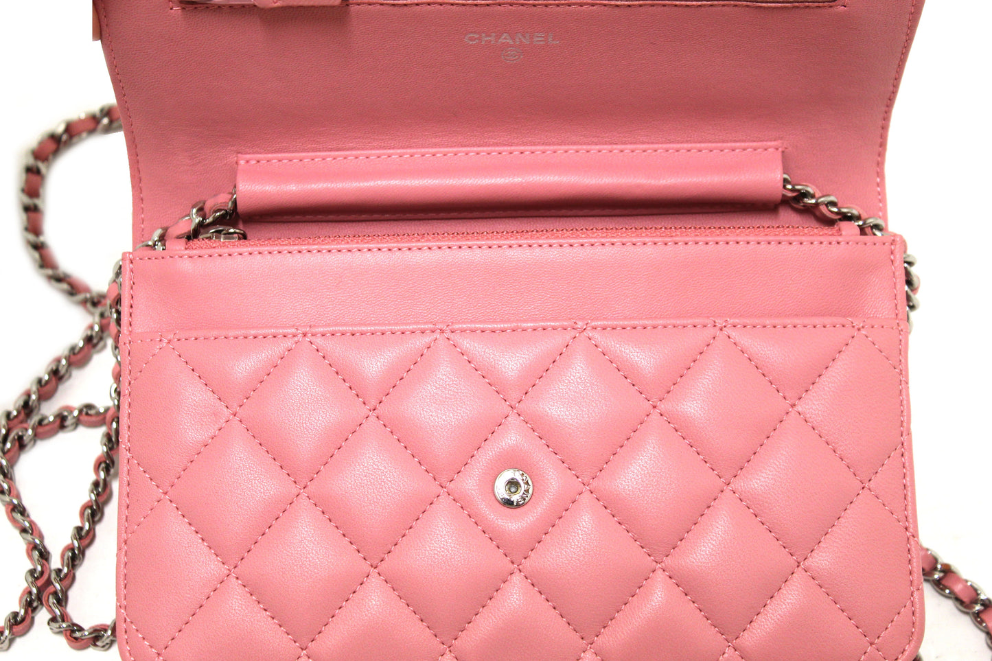 Chanel Pink Quilted Lambskin Leather Wallet On Chain WOC Messenger Bag