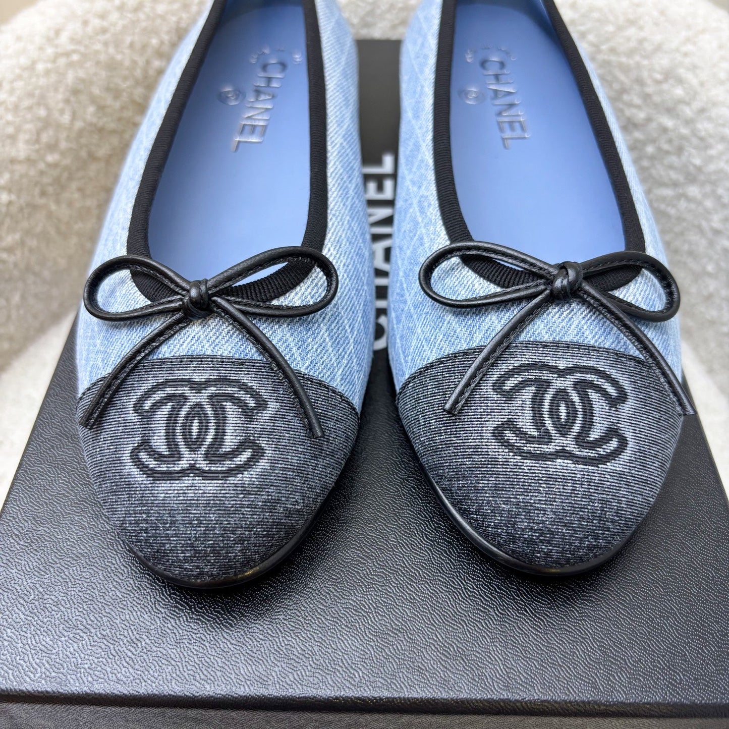 Chanel Classic Ballerina Pumps in Embroidered Light Blue Denim / Black Gosgrain Sz 37.5