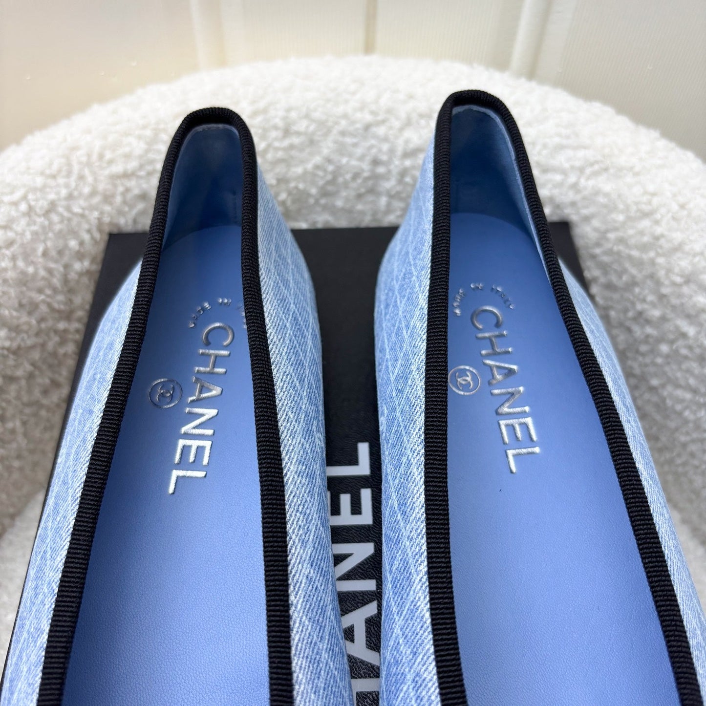 Chanel Classic Ballerina Pumps in Embroidered Light Blue Denim / Black Gosgrain Sz 37.5