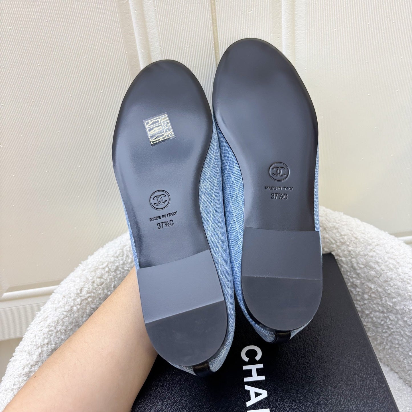 Chanel Classic Ballerina Pumps in Embroidered Light Blue Denim / Black Gosgrain Sz 37.5
