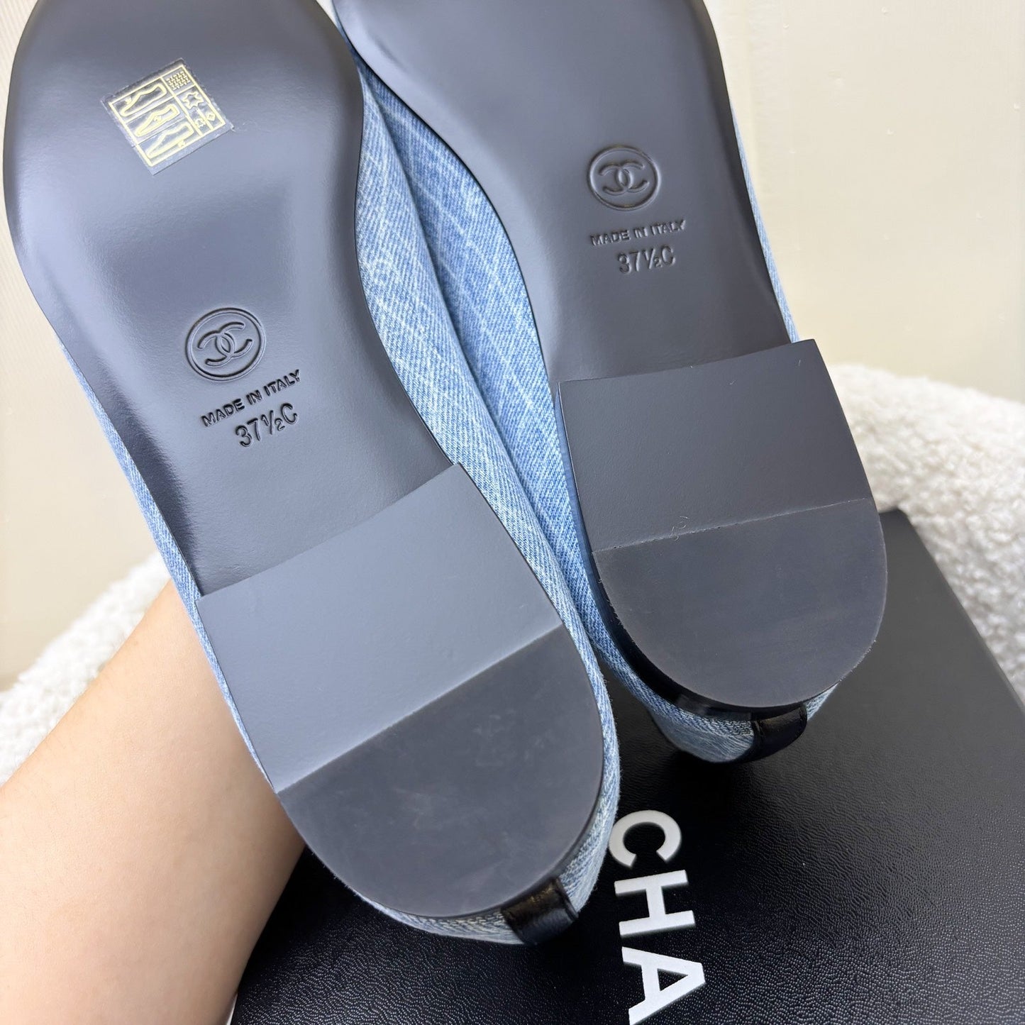 Chanel Classic Ballerina Pumps in Embroidered Light Blue Denim / Black Gosgrain Sz 37.5