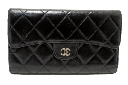 Chanel Black Quilted Lambskin Leather Trifold Flap Wallet