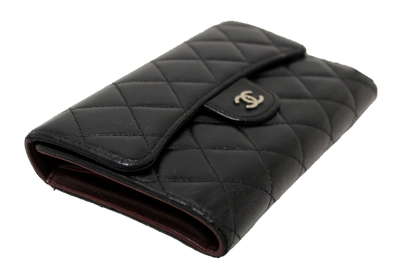 Chanel Black Quilted Lambskin Leather Trifold Flap Wallet