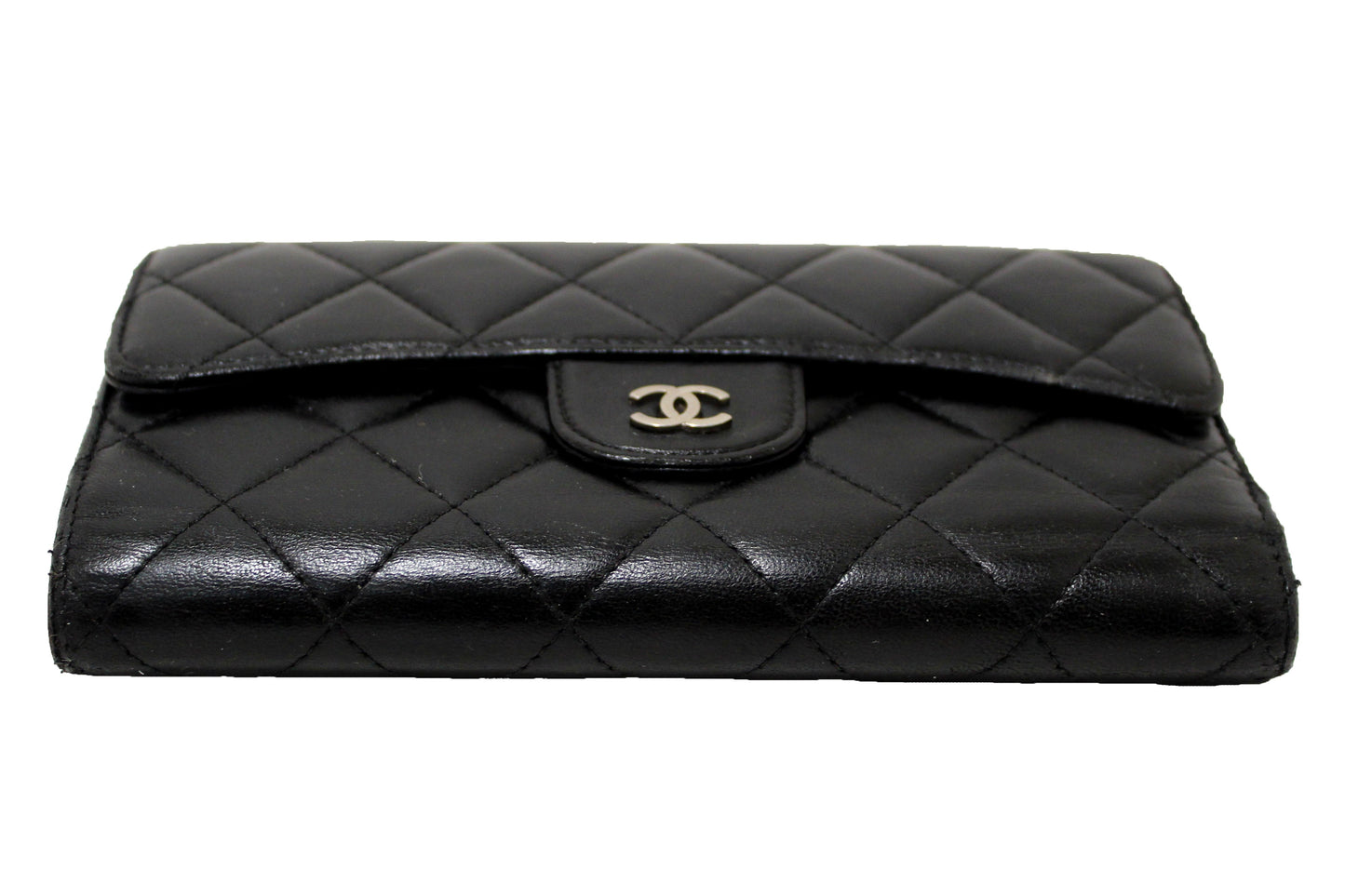 Chanel Black Quilted Lambskin Leather Trifold Flap Wallet