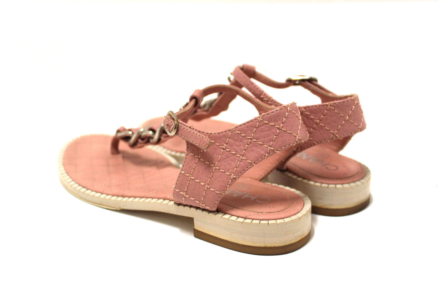 Chanel Pink Quilted Leather Chain Link Thong Flat Sandals Size 37