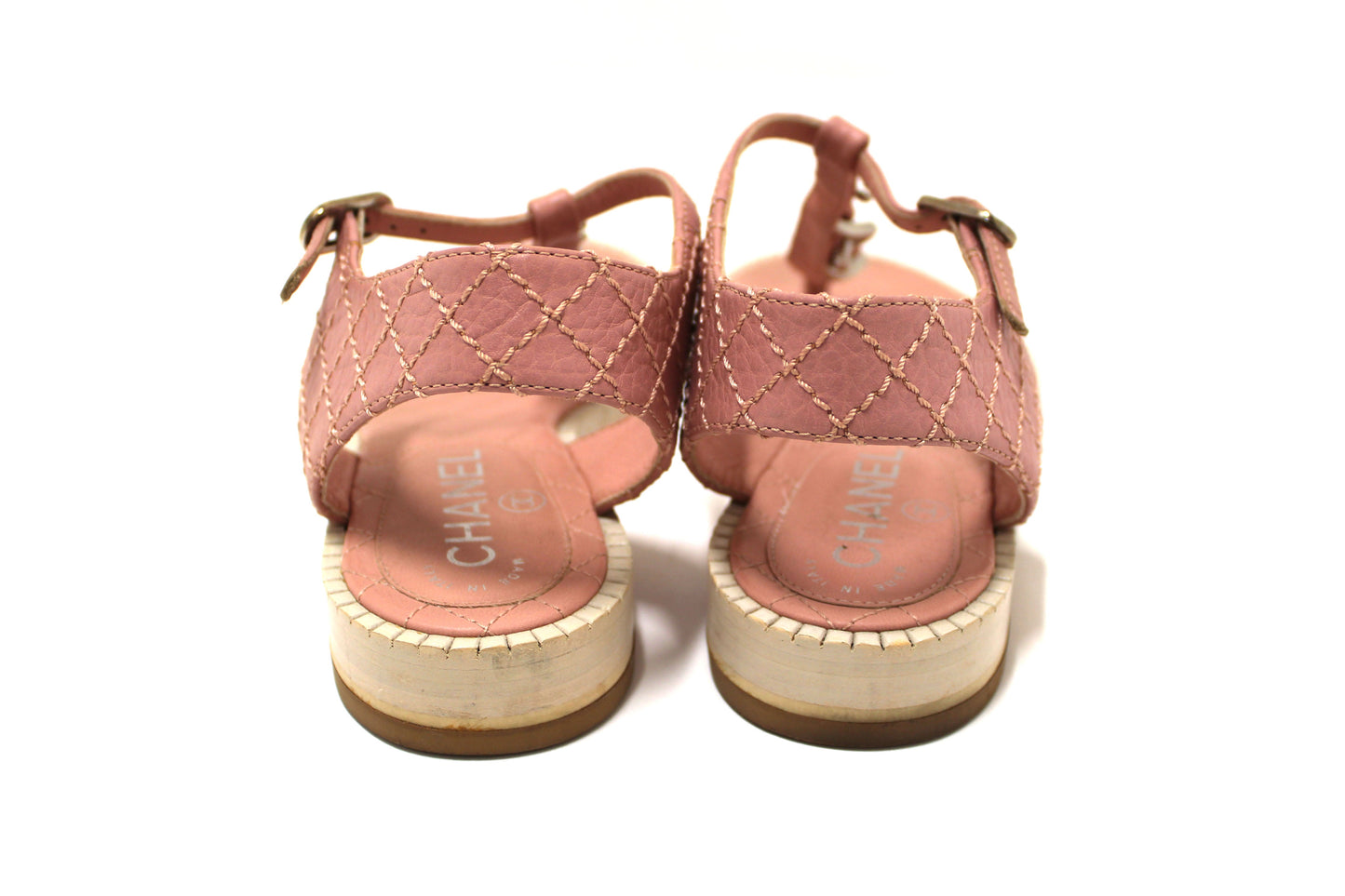 Chanel Pink Quilted Leather Chain Link Thong Flat Sandals Size 37