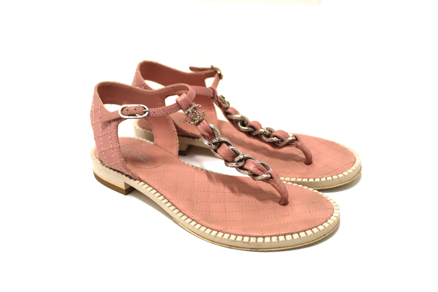 Chanel Pink Quilted Leather Chain Link Thong Flat Sandals Size 37