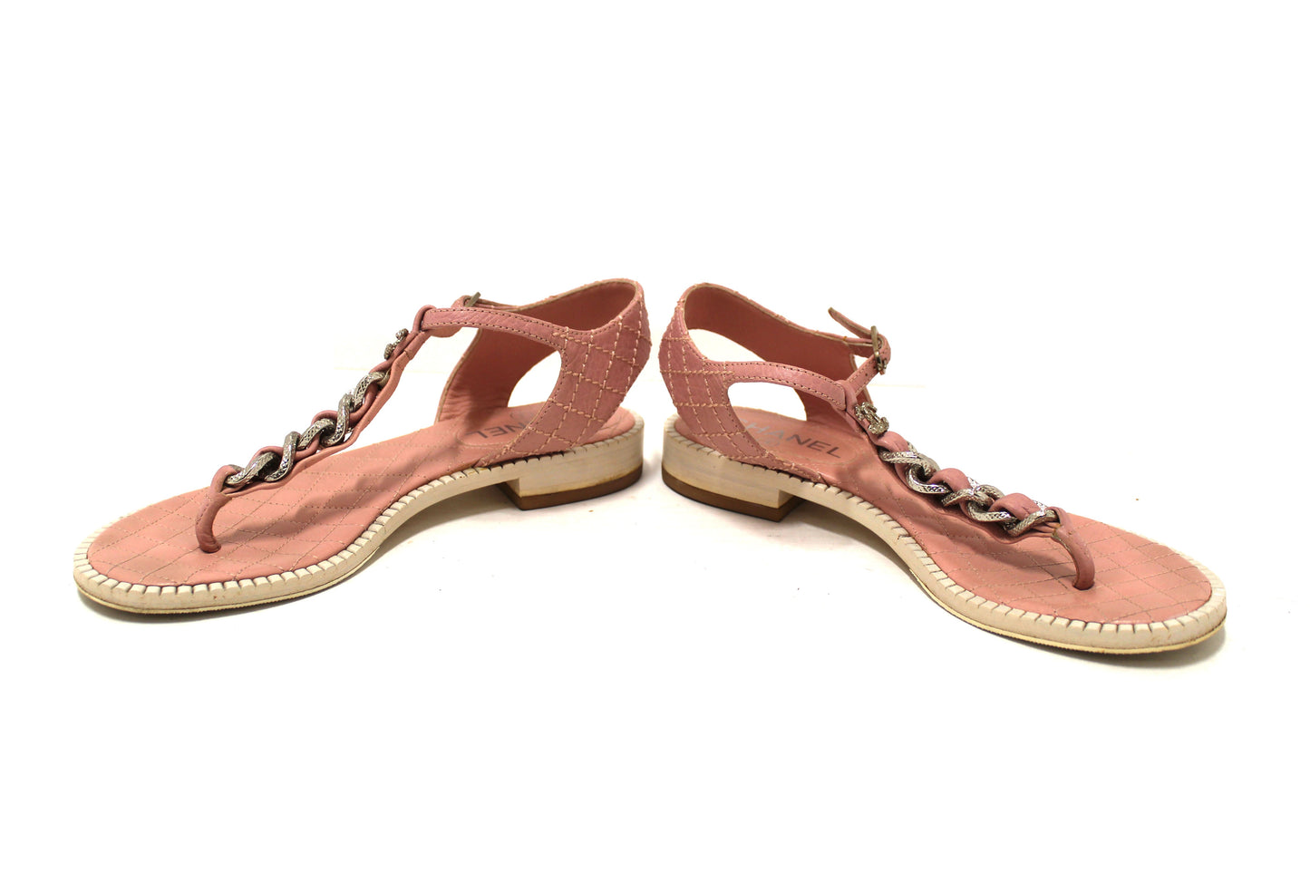 Chanel Pink Quilted Leather Chain Link Thong Flat Sandals Size 37