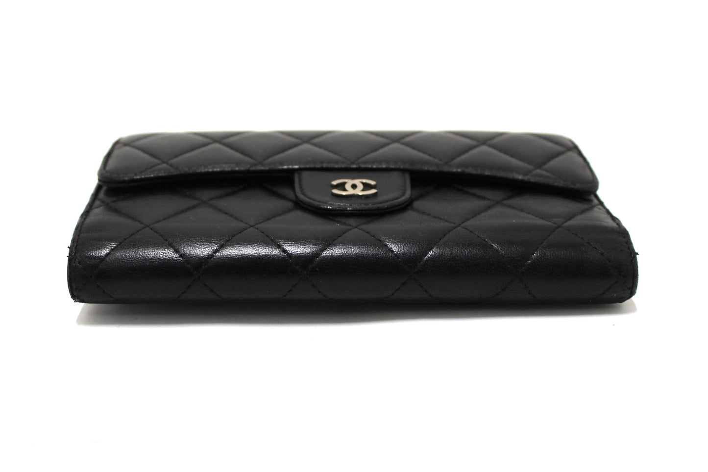 Chanel Black Quilted Lambskin Leather Trifold Flap Wallet