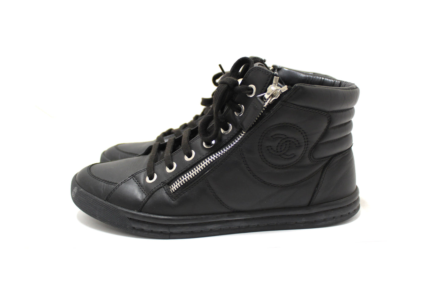 CHANEL Chanel Black Leather CC Zip Link High Top Sneakers Size 37 | Havik Shop.com - Shop Now at Havik Shop.com