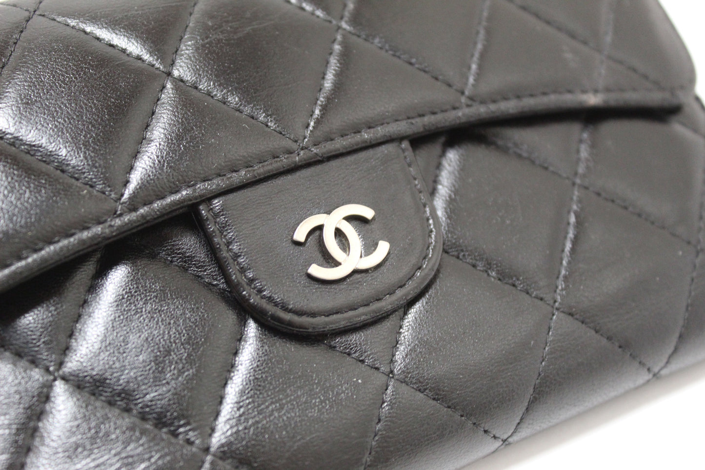 Chanel Black Quilted Lambskin Leather Trifold Flap Wallet