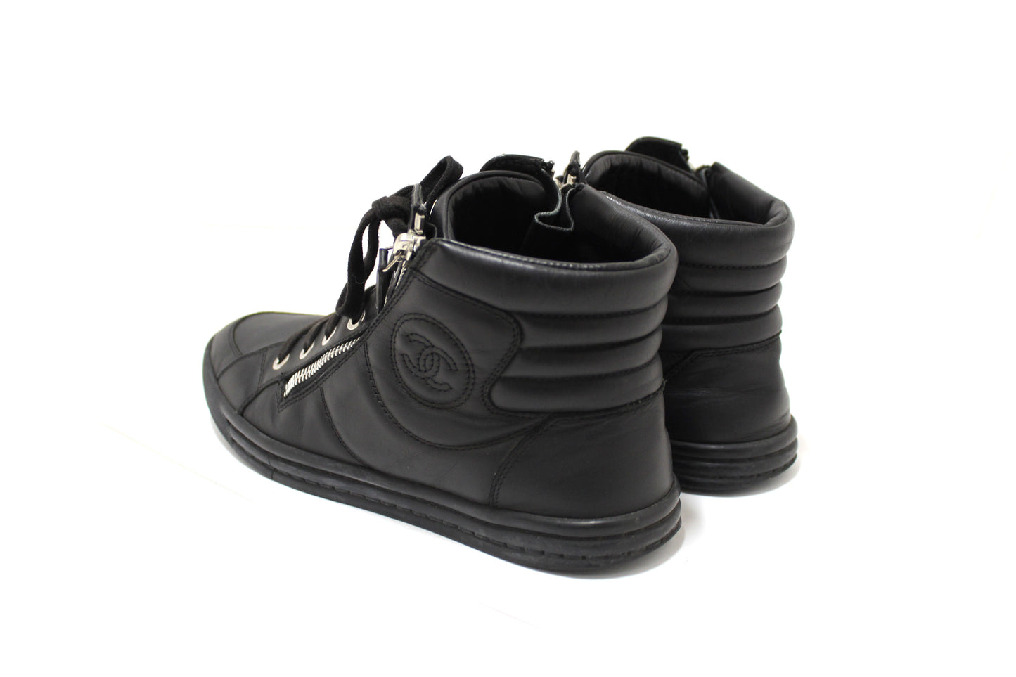 Chanel Black Leather CC Zip Link High Top Sneakers Size 37