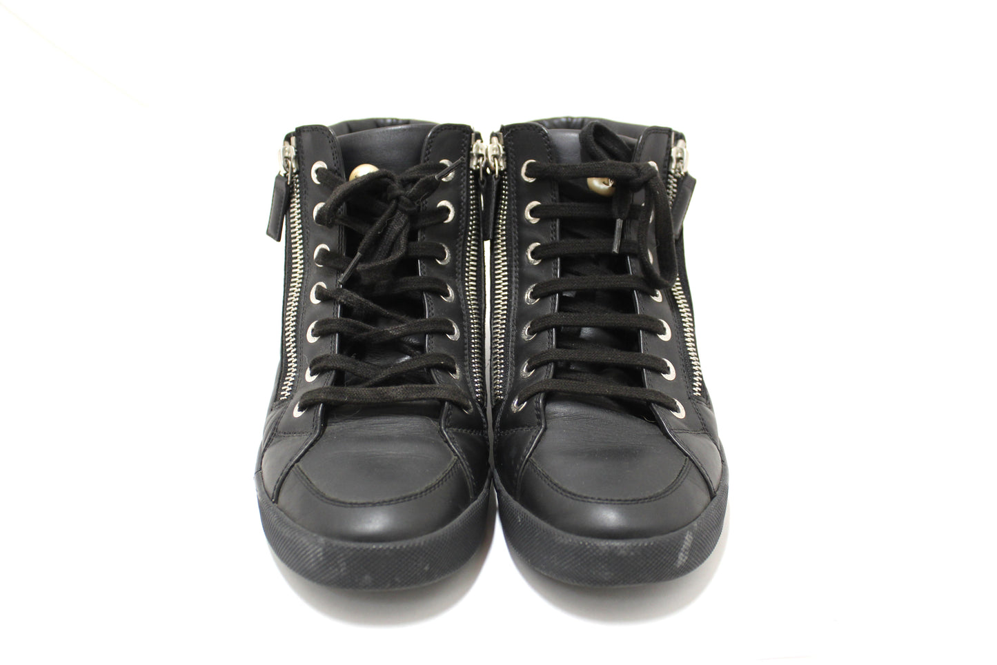 Chanel Black Leather CC Zip Link High Top Sneakers Size 37