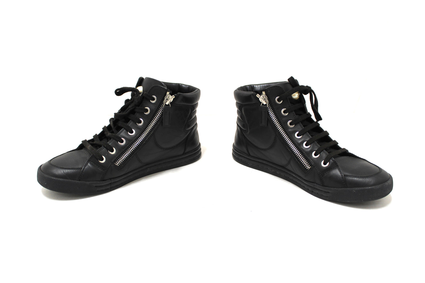 Chanel Black Leather CC Zip Link High Top Sneakers Size 37