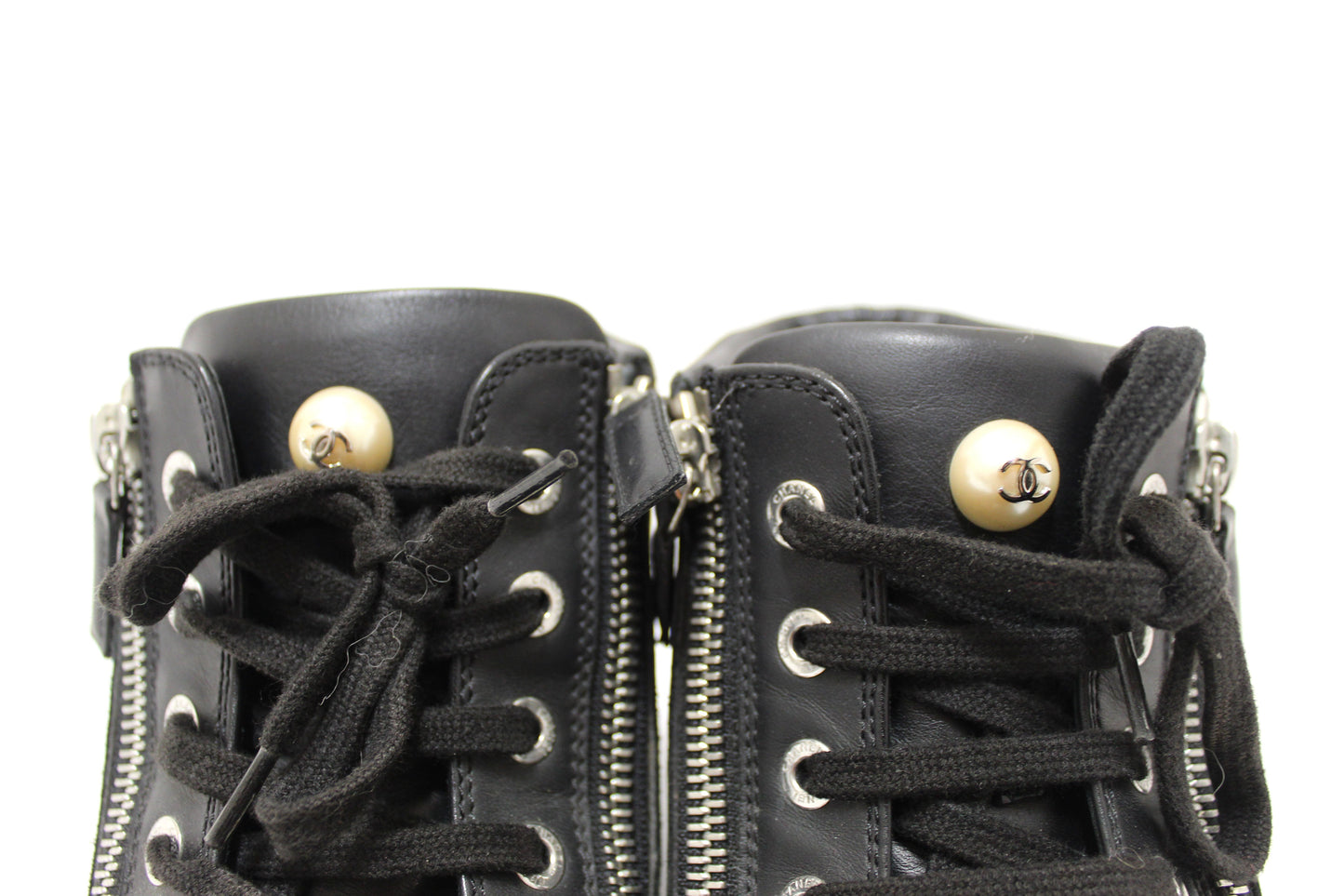 Chanel Black Leather CC Zip Link High Top Sneakers Size 37