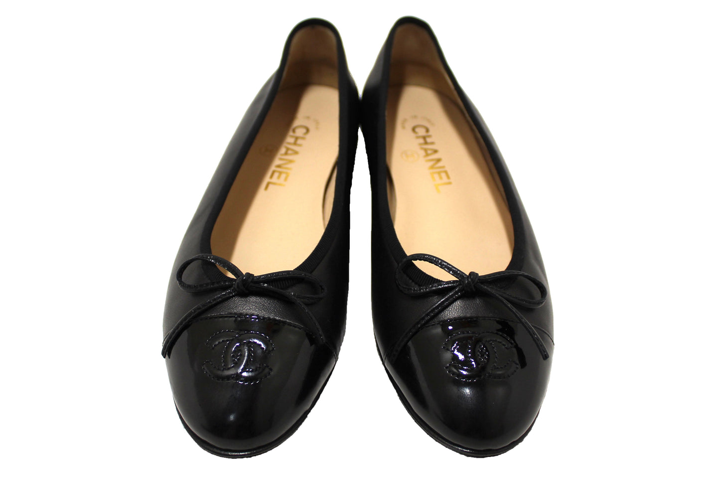 Chanel Black Lambskin & Patent Calfskin Ballet Flats Size 37