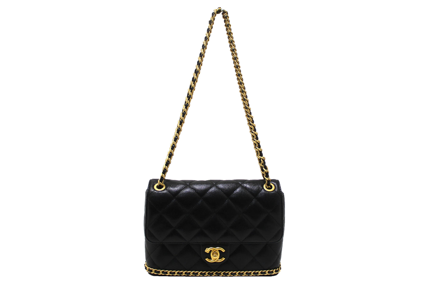 Chanel Black Quilted Caviar Leather Camellia Chain Around Flap Shoulder Bag