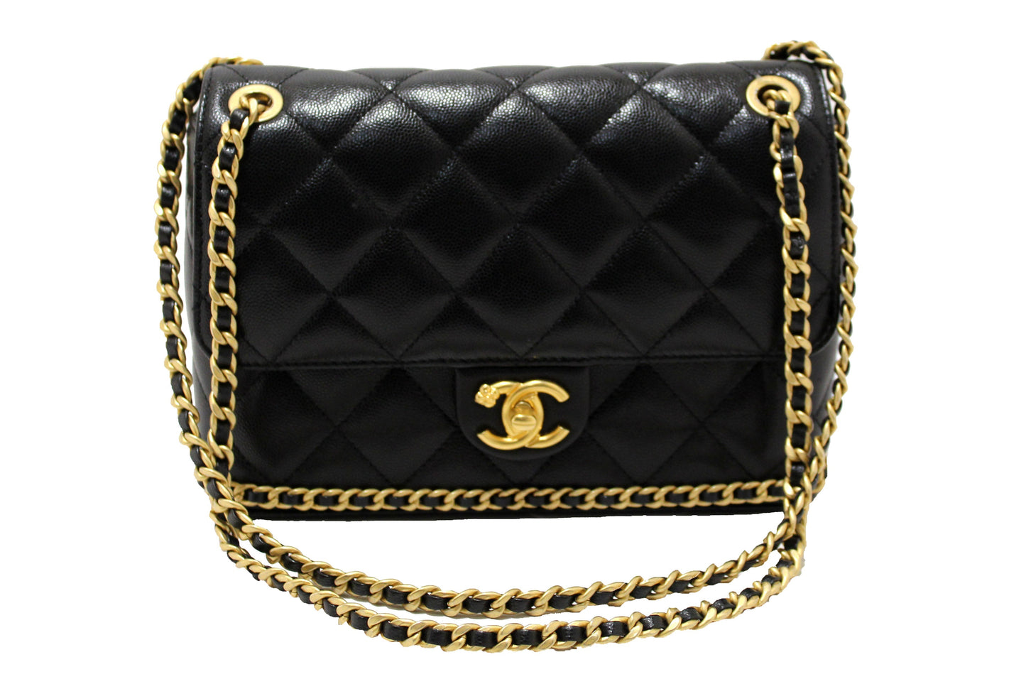 Chanel Black Quilted Caviar Leather Camellia Chain Around Flap Shoulder Bag