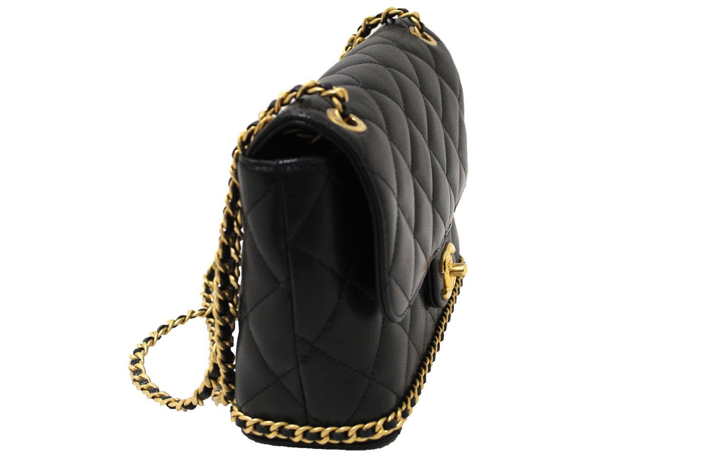 Chanel Black Quilted Caviar Leather Camellia Chain Around Flap Shoulder Bag