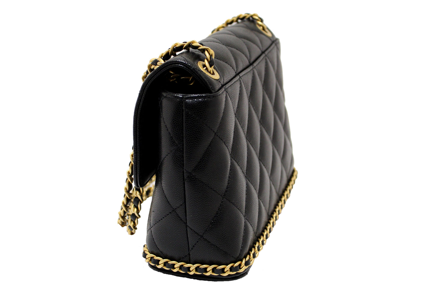 Chanel Black Quilted Caviar Leather Camellia Chain Around Flap Shoulder Bag