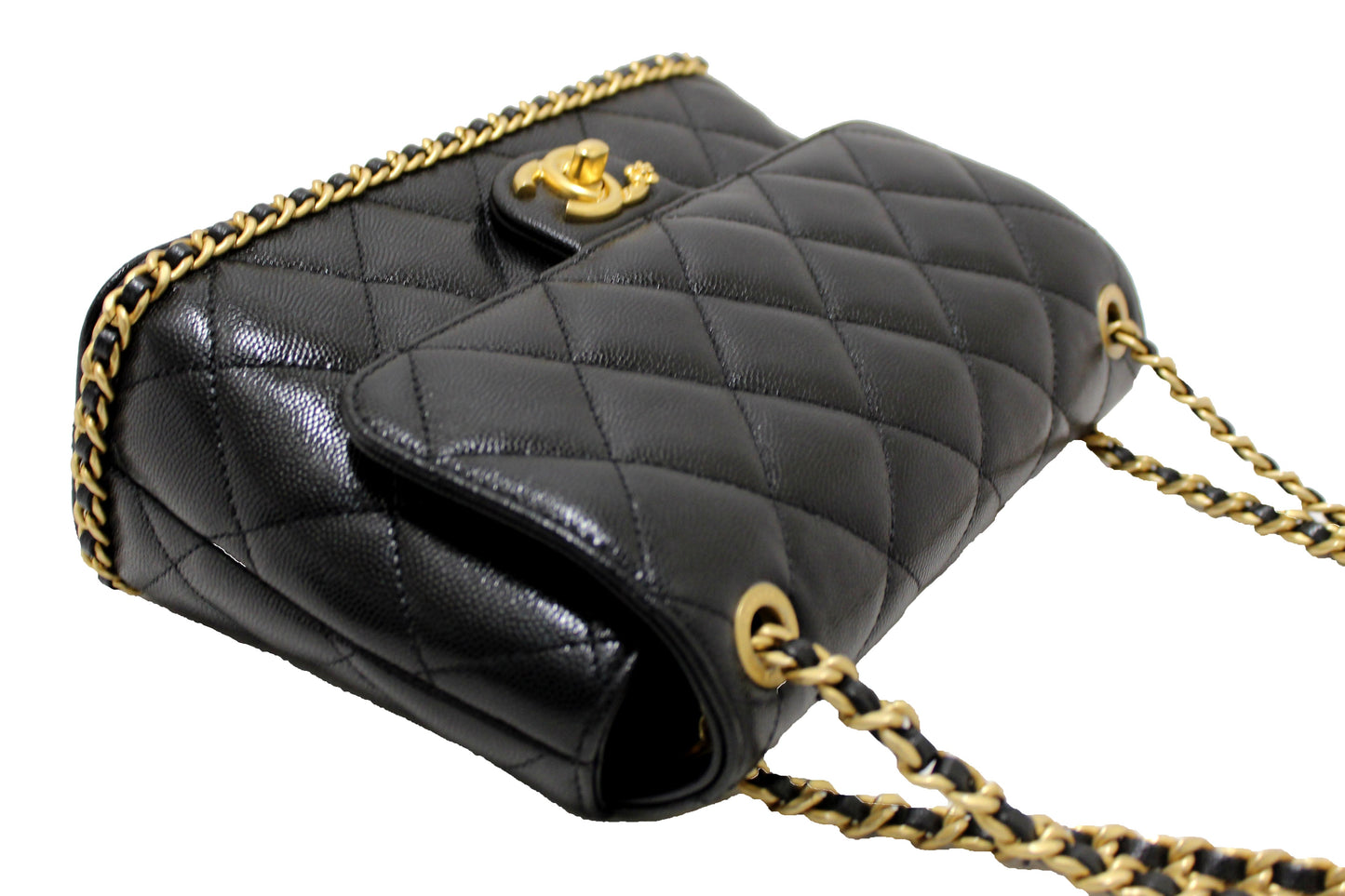 Chanel Black Quilted Caviar Leather Camellia Chain Around Flap Shoulder Bag