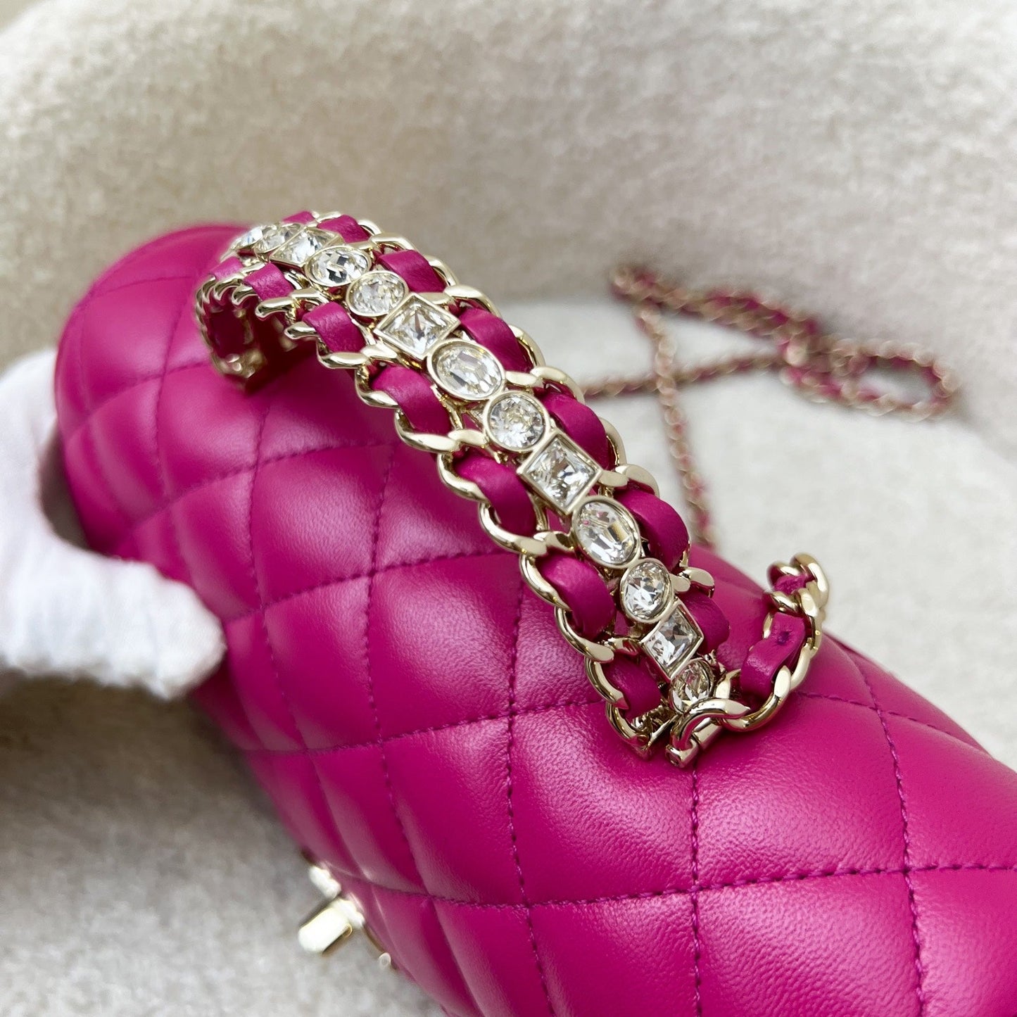 Chanel 23A Mini Rectangle Flap with Crystals Top Handle in Hot Pink Lambskin and LGHW (Model: AS4141)