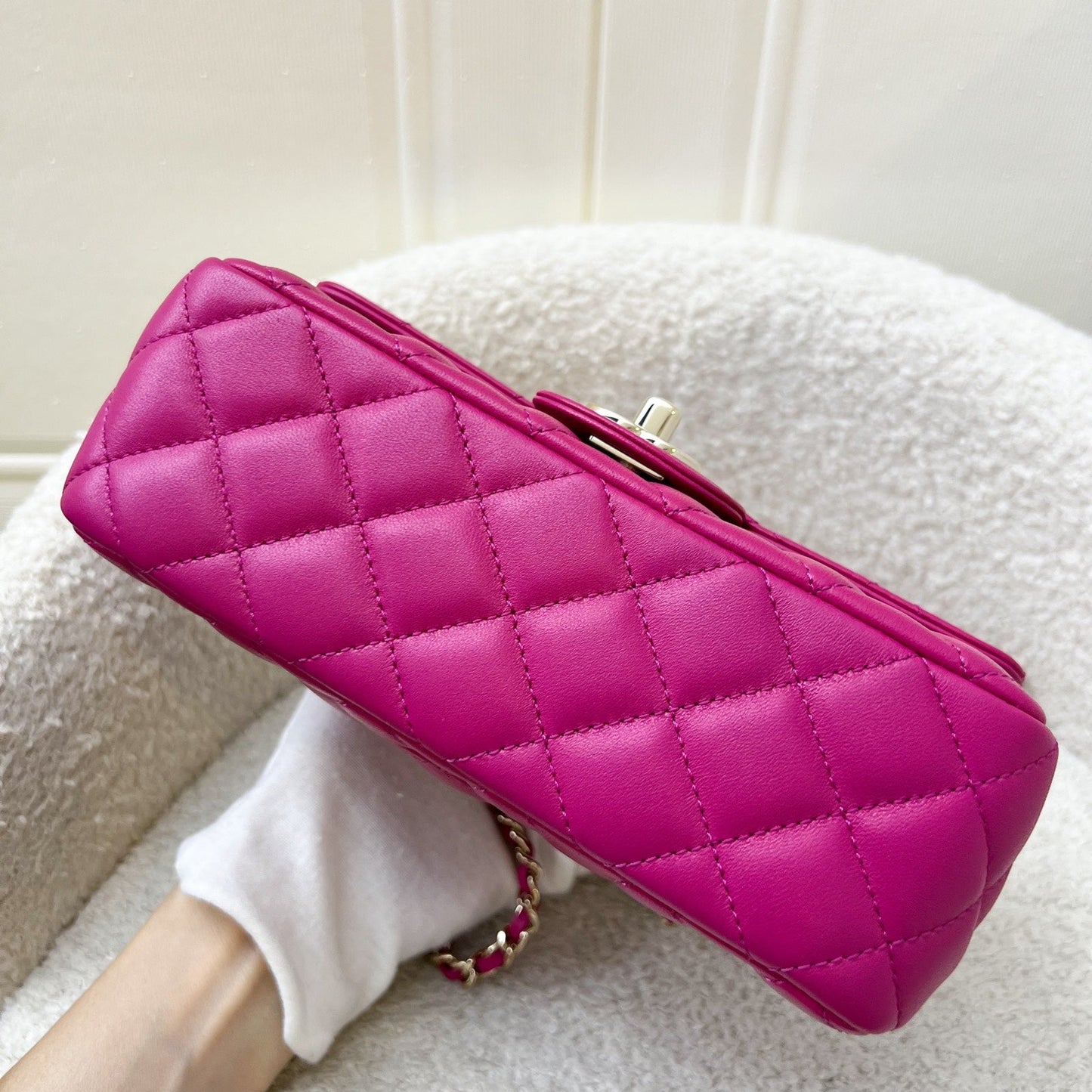 Chanel 23A Mini Rectangle Flap with Crystals Top Handle in Hot Pink Lambskin and LGHW (Model: AS4141)